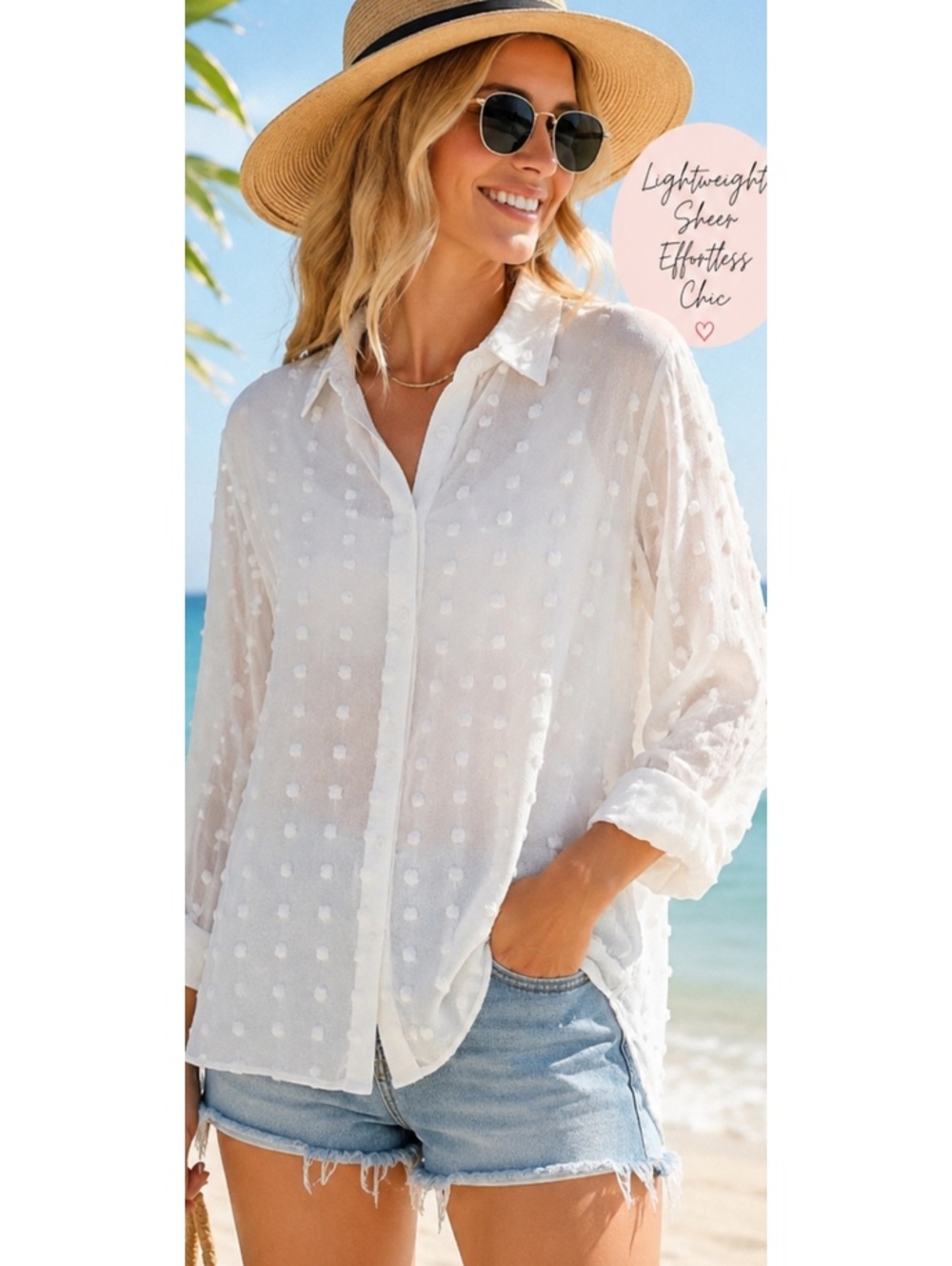 Miss Sparkling White Sheer Swiss Dot Button-Up Blouse XL Summer, Vacation